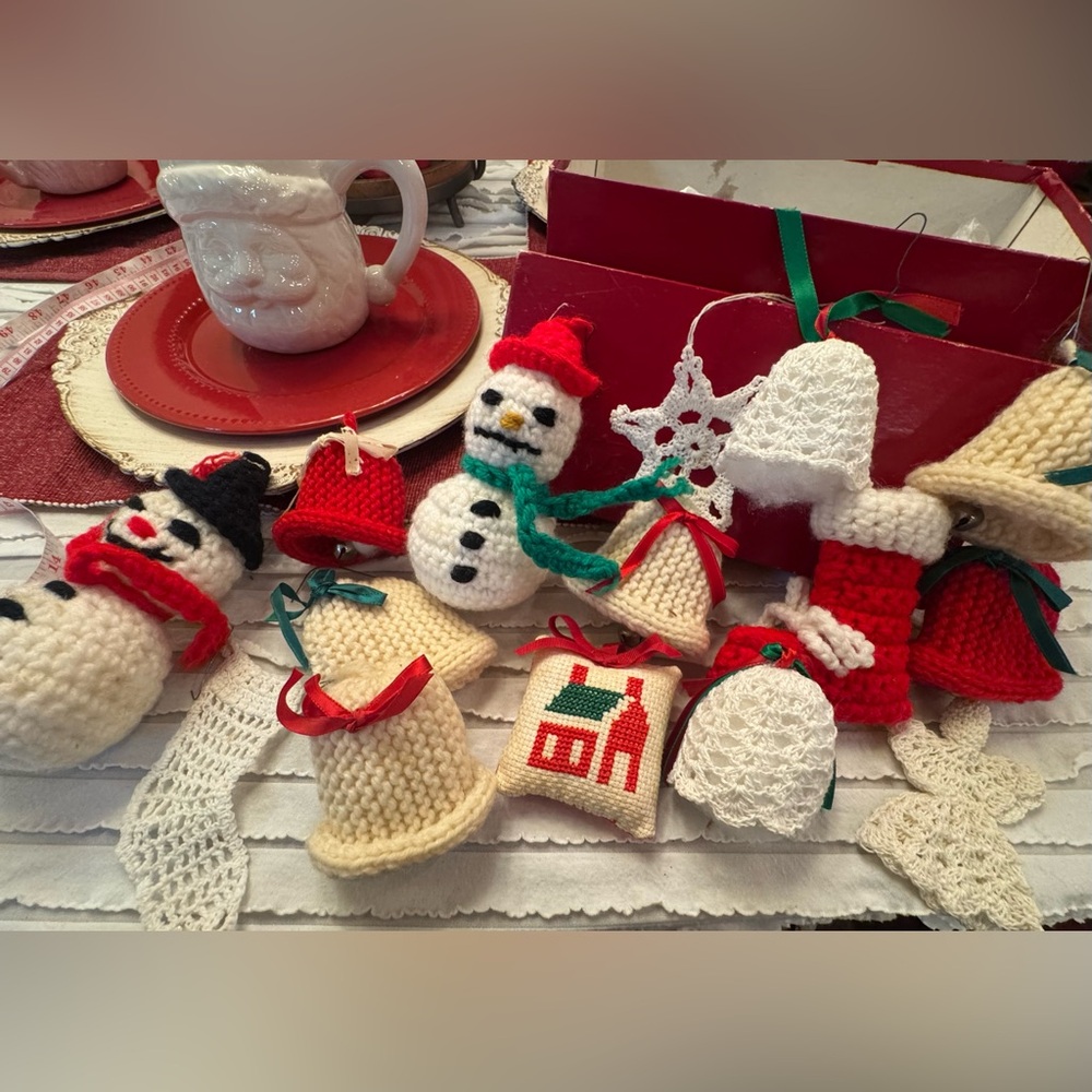 15 Vintage Handmade Hand Knit Crocheted Christmas Ornaments Snowman Bell Angel